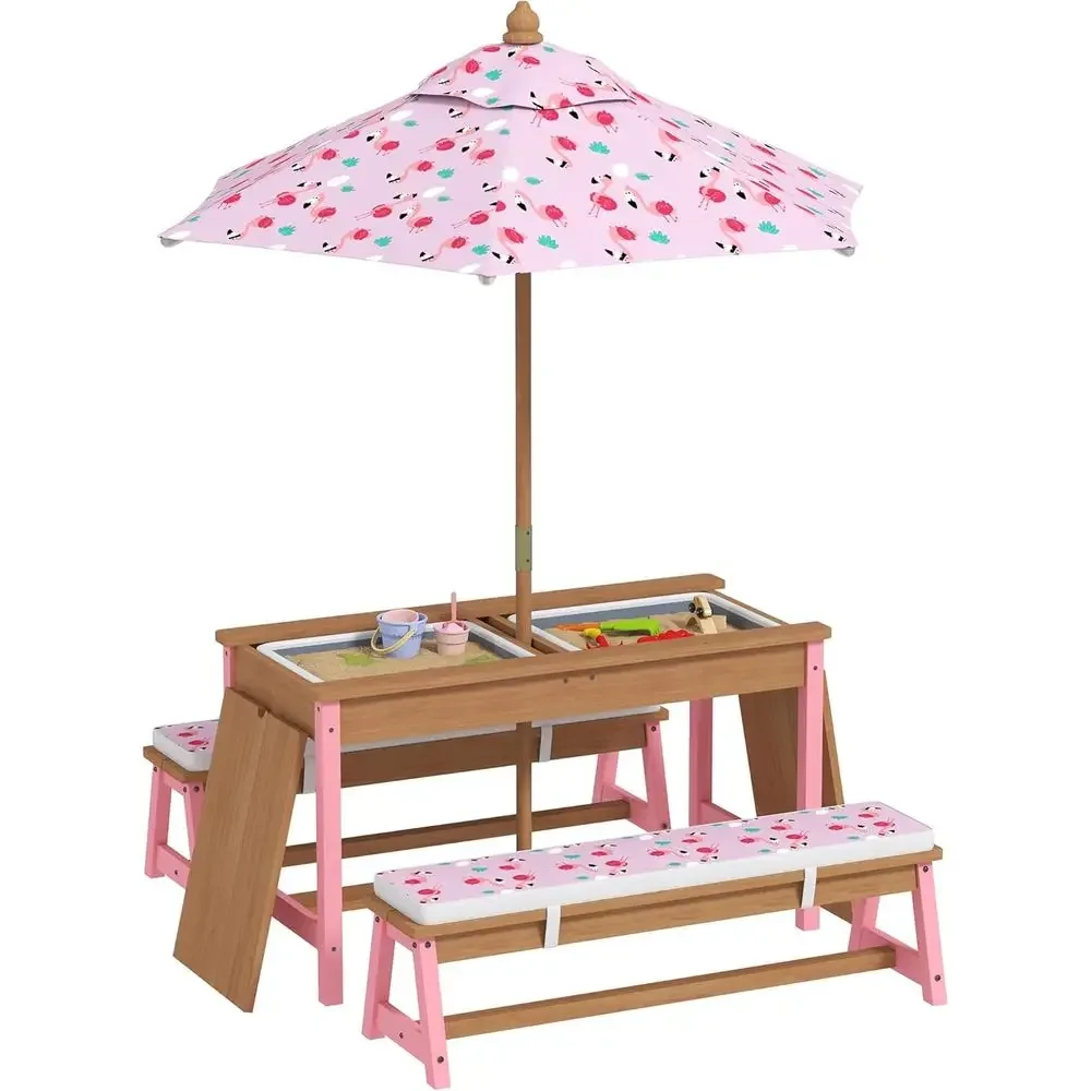 Outdoor Furniture Kids - Wooden Picnic Table Set with Umbrella,