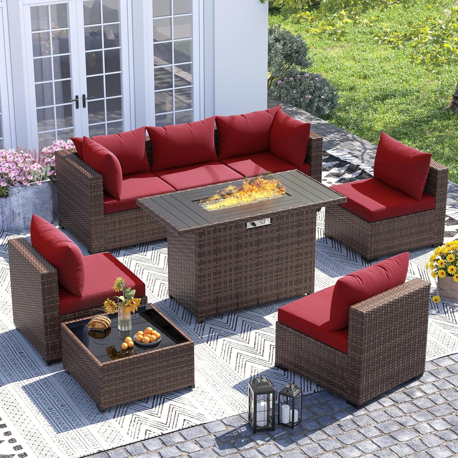 Outdoor Furniture With Fire Pit - 8pc All-Weather Wicker Sectional Sofa &