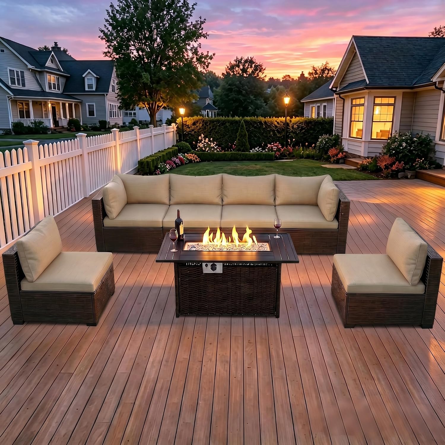 Outdoor Furniture With Fire Pit - 8-Piece Wicker Patio Conversation Set with
