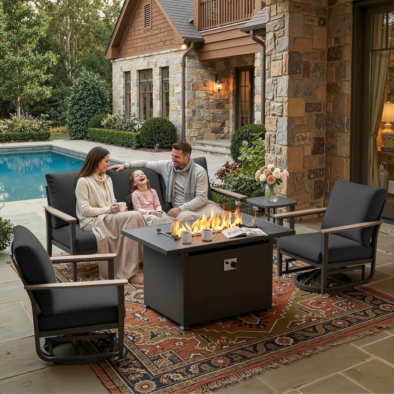 5pc Aluminum Patio Set Swivel  - đánh giá và giá Outdoor Furniture With Fire Pit
