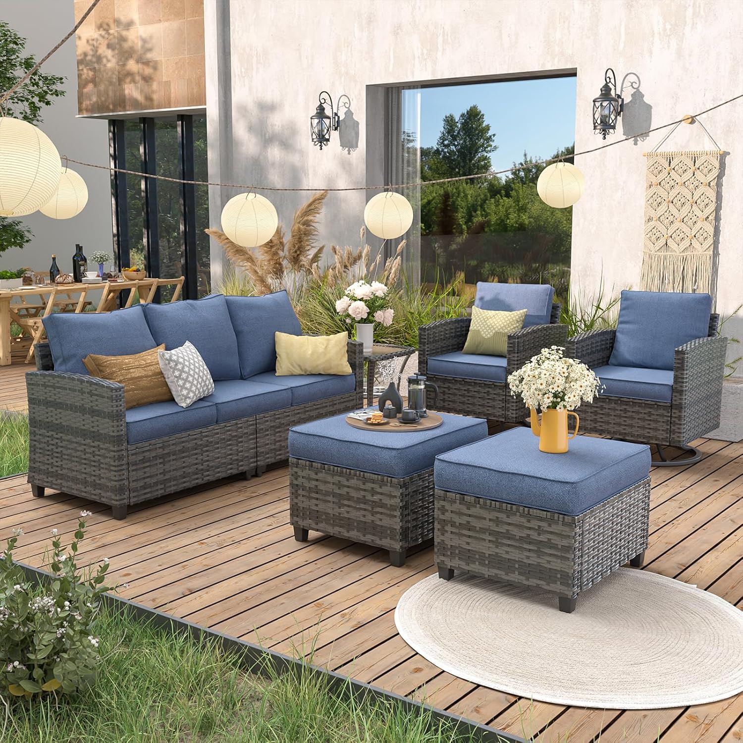 6pc Gray PE Rattan Sectional S - đánh giá và giá Outdoor Furniture With Fire Pit